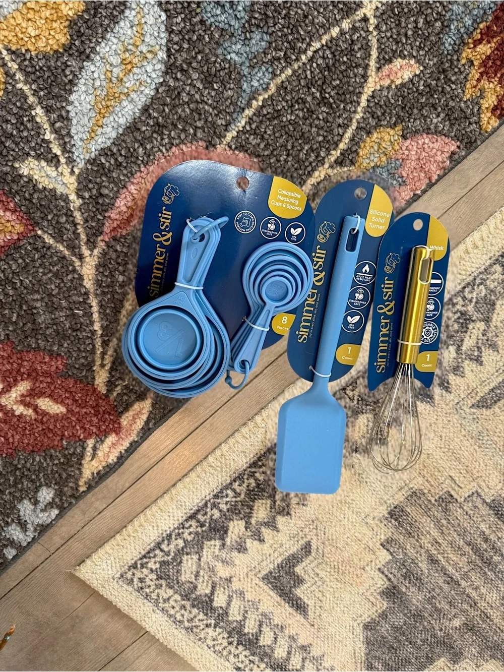 New Kitchen Essentials - Blue Silicone Measuring Cups, Spoons Whisk & Spatula